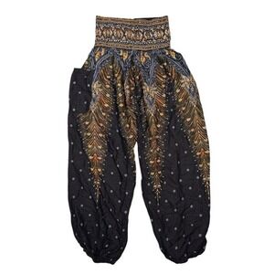 Banjamath Womens Black Peacock Feather Print Rayon Harem Boho Jogger Pants L